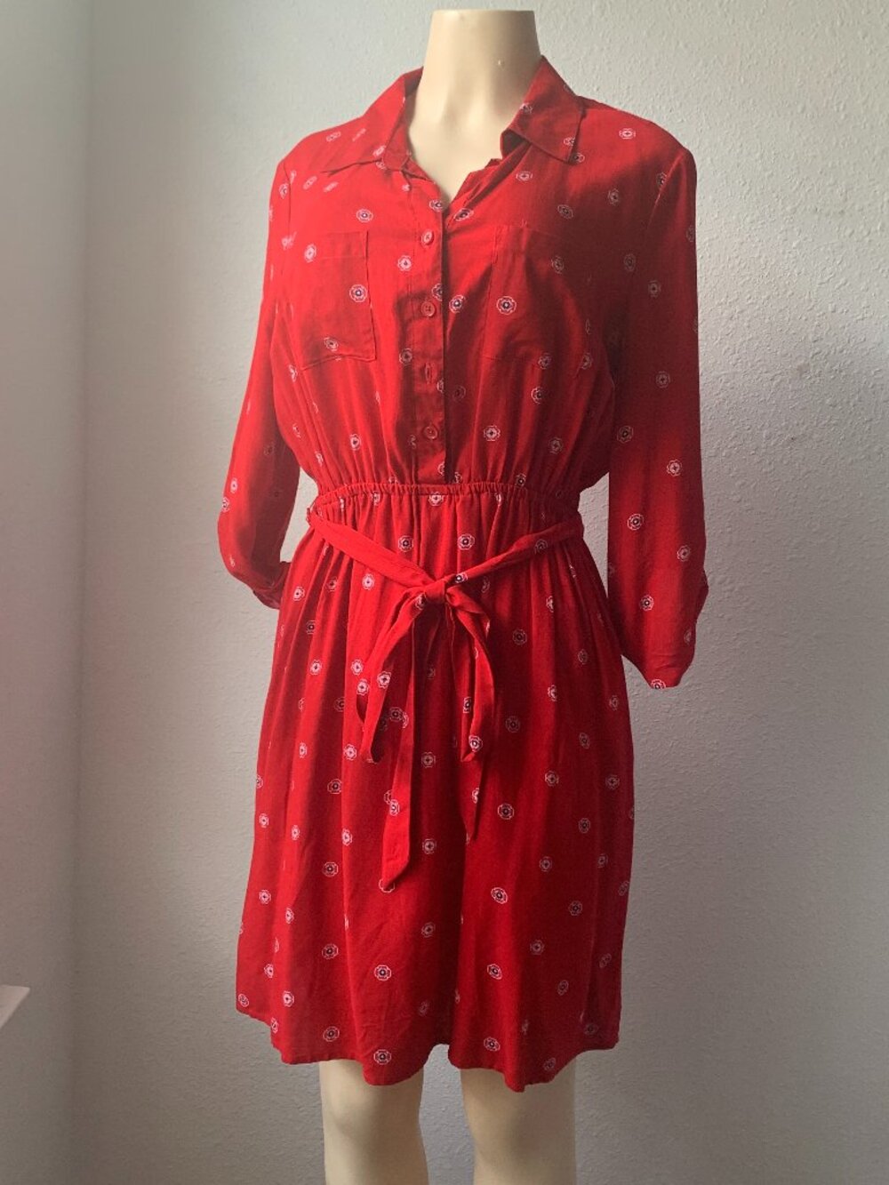 Faded Glory Red Floral Shirt Dress Size S 4-6 Belted Waist Long Sleeve Rayon